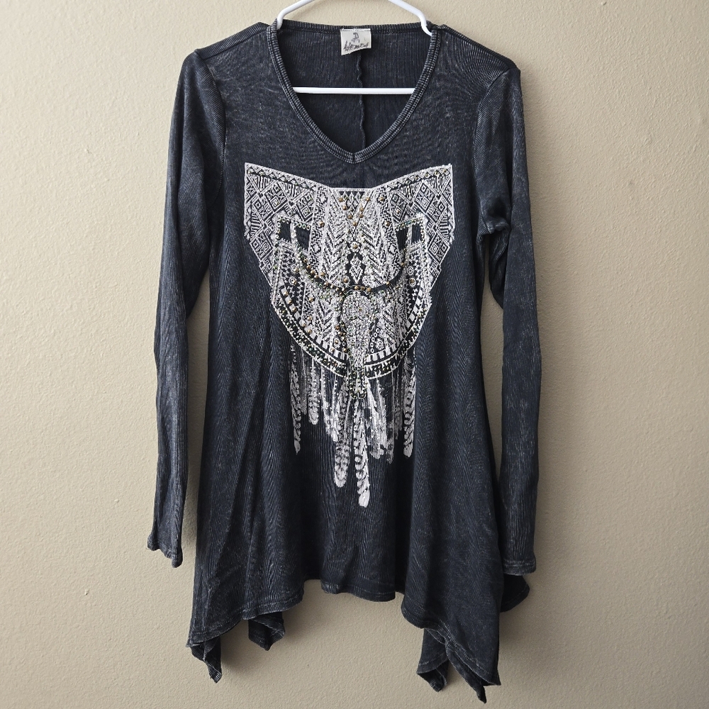 Vtg Y2K Vocal USA Grunge Gorpcore Witchy Long Sleeve Top Rhinestone Asymmetrical